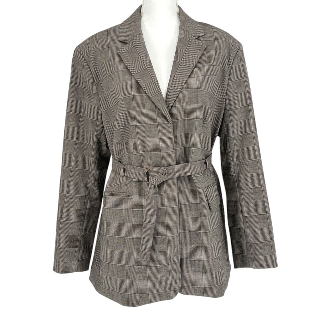 H&M Taupe Plaid Belted Blazer Jacket Large Oversize Glen Check Long Sleeve Lined
